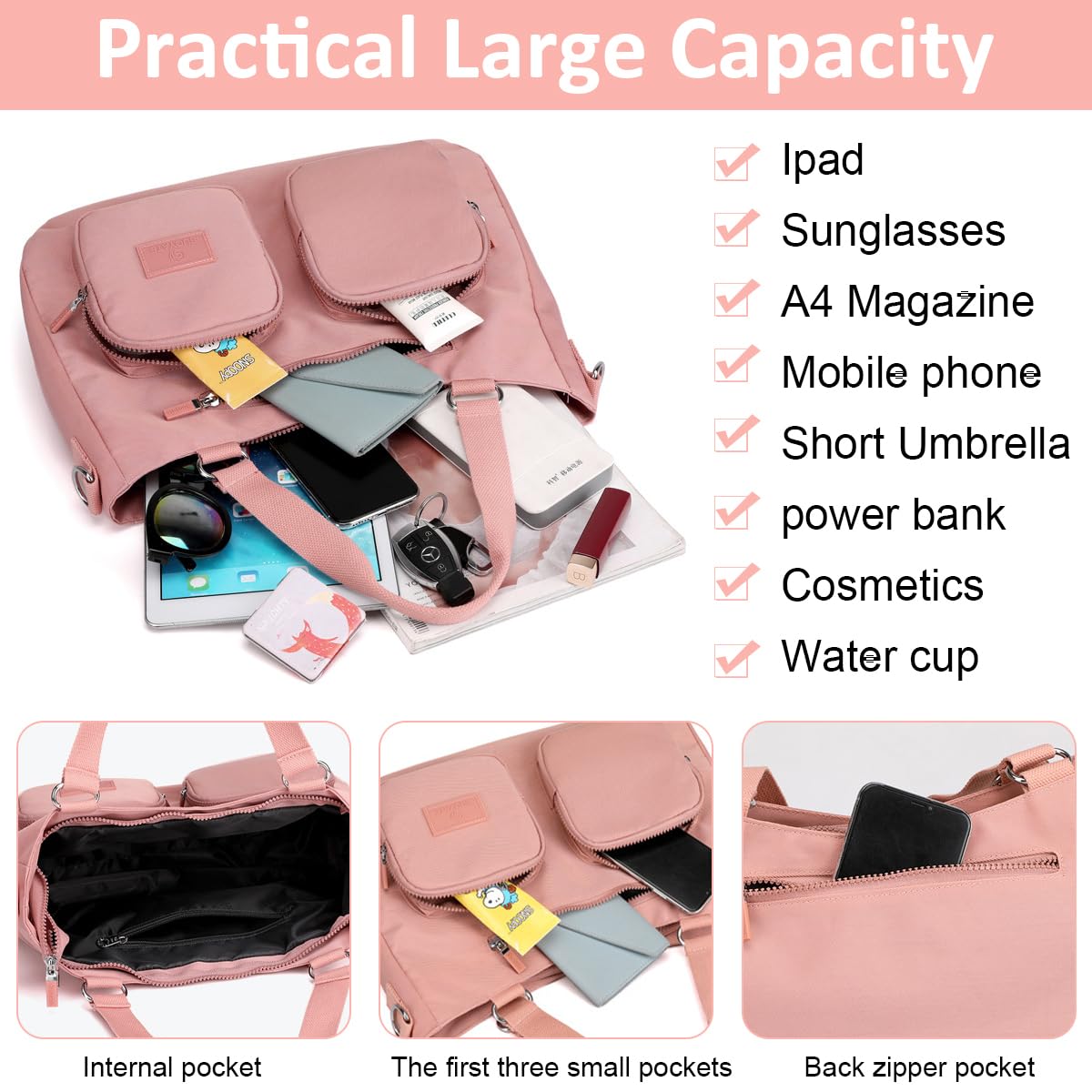 PALAY Tote Bag for Women with Multi Pockets and Removable Shoulder Strap | Pink Nylon Shoulder Handbag for Work and Travel