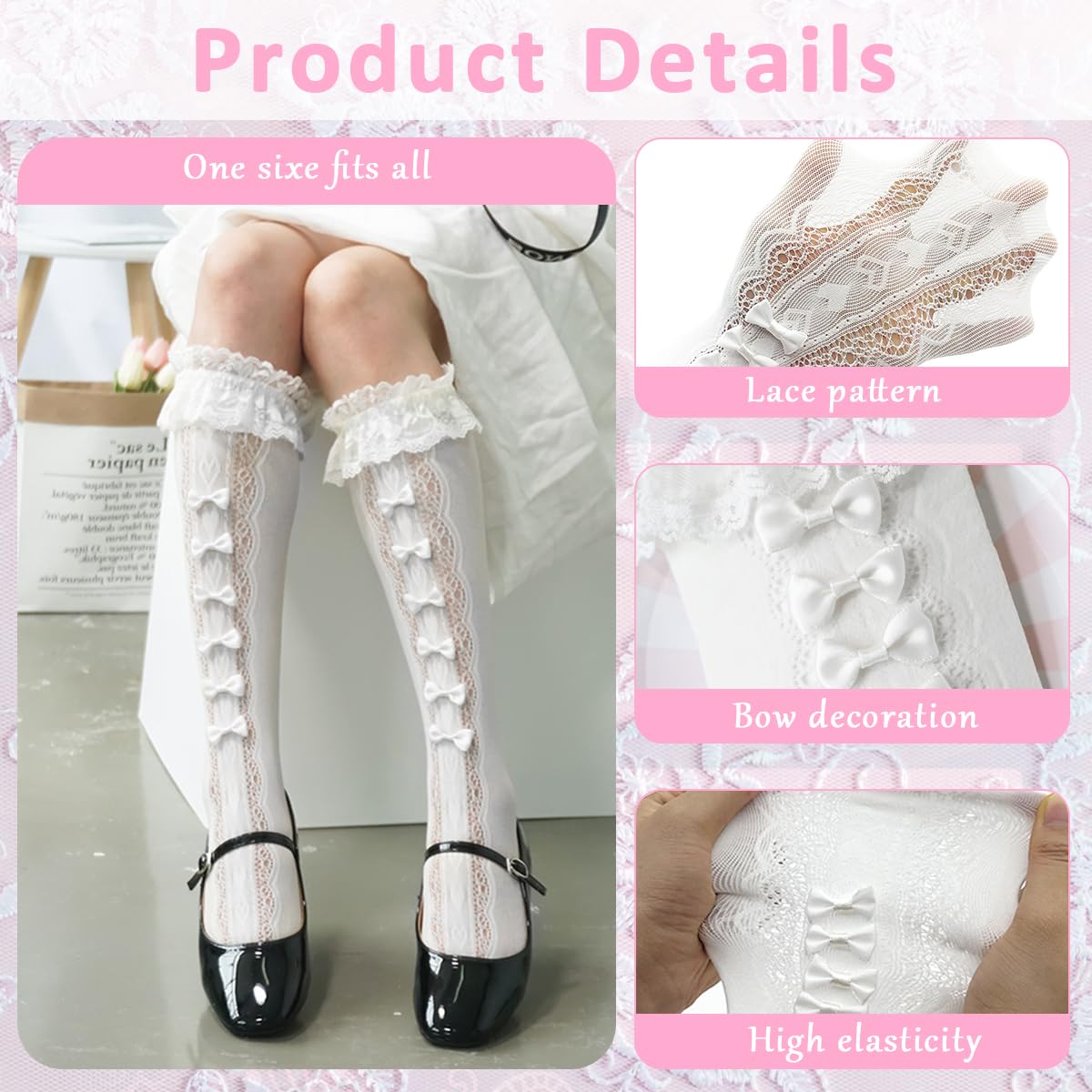 PALAY Knee High Socks for Girls with Lace Bow Design in White | Calf-Length Lolita Style