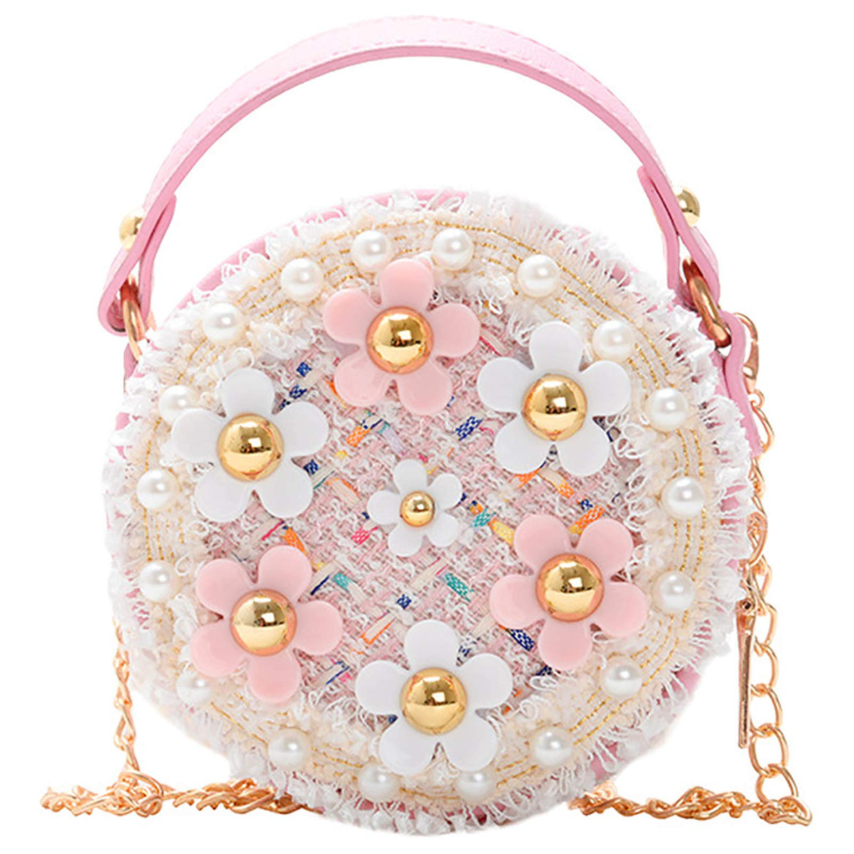 PALAY® Mini Floral Tweed Handbag Round Sling Bag Flower Appliqué, Top Handle Cute Pastel Crossbody/Shoulder Bag for Kids Dress-Up, Parties & Casual, 12x5x12cm