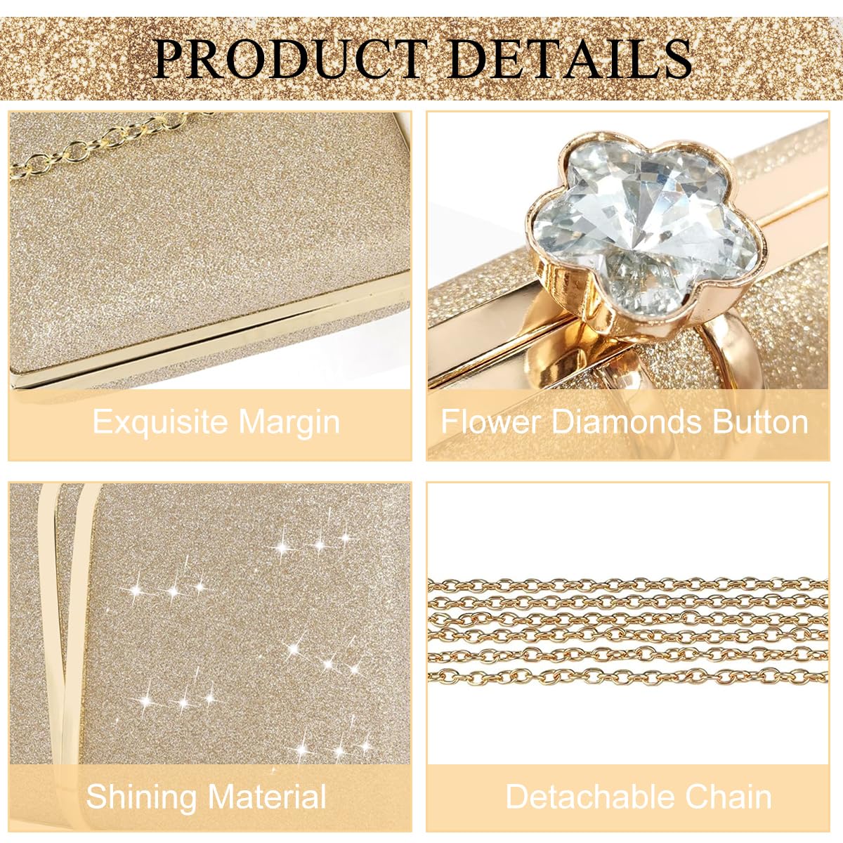 PALAY Clutch Bag for Evening Events featuring Rhinestone Floral Buckle and 22x13cm Size | Glitter Champagne Handbag for Women