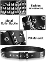 PALAY Punk Rock Studded Belt for Women featuring Three Row Nails 113cm PU Leather Black
