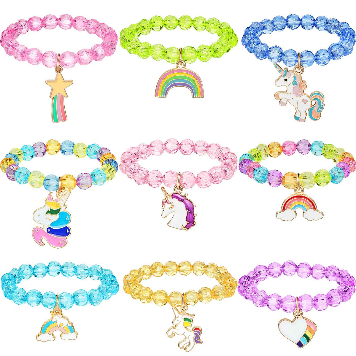 PALAY Unicorn Bracelet for Kids with 9 Crystal Beaded Designs featuring Cute Unicorn & Rainbow Charms