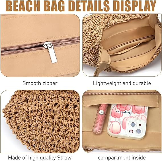 PALAY® Straw Beach Bag for Women Summer Woven Beach Tote Bags Shoulder Handbags Boho Bag