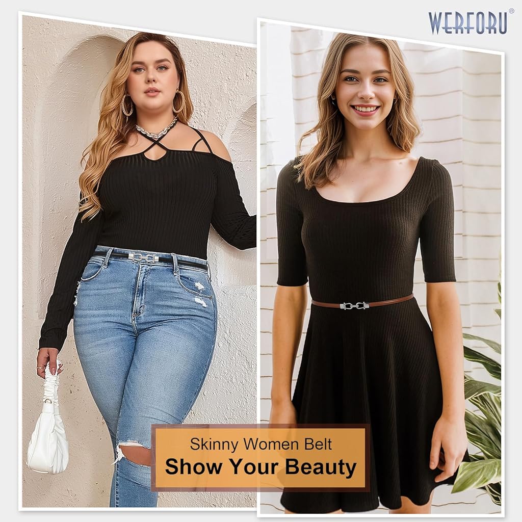 PALAY® 2pcs Women Classic Leather Belt With Square Gold Silver Buckle For Jeans Pants - Black & Brown