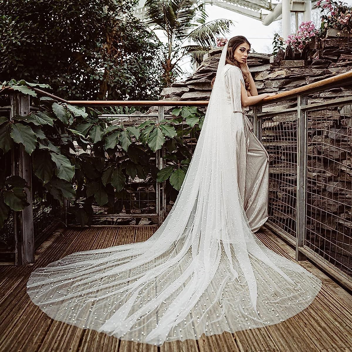 PALAY Bridal Veil for Wedding Featuring Alloy Comb and 2.3m Lace Tulle with Pearls | Pure White