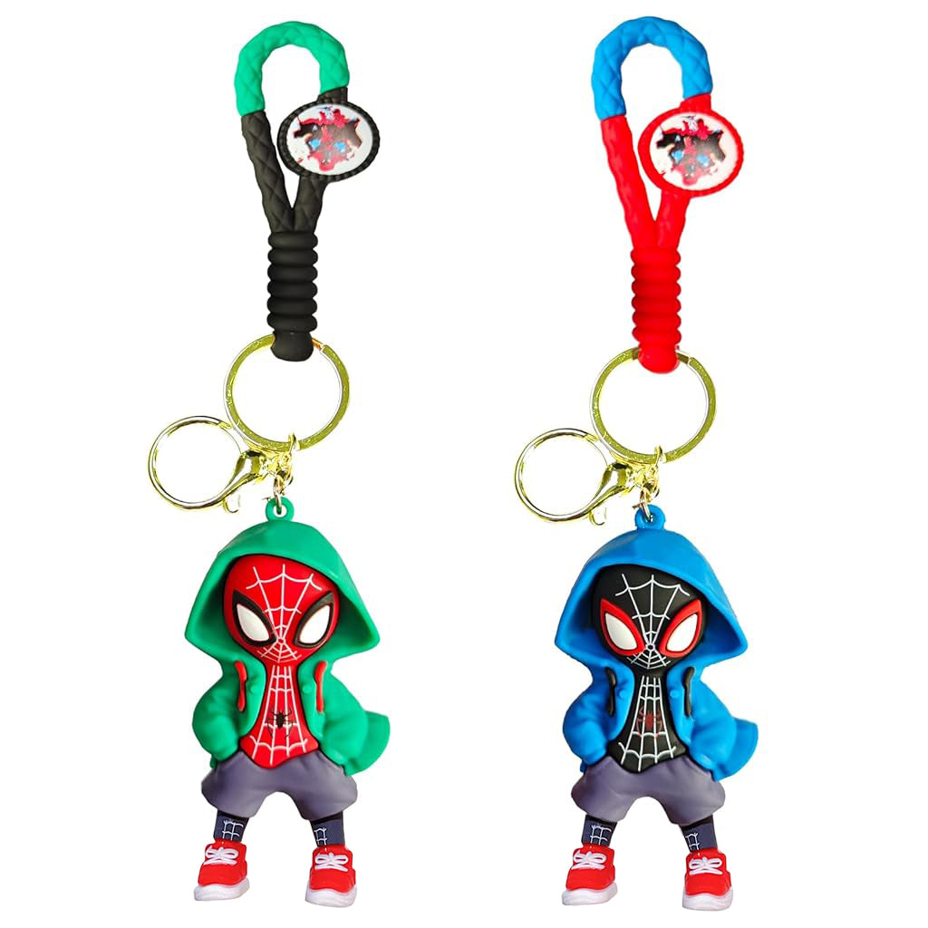 PALAY® 2 Pcs Cartoon Keychain Keyring Fashion Couple KeychainsMiles Spider Man Silicone Keychain Metal Keyring Backpack Charm Bag Charm Pendent, Green & Blue