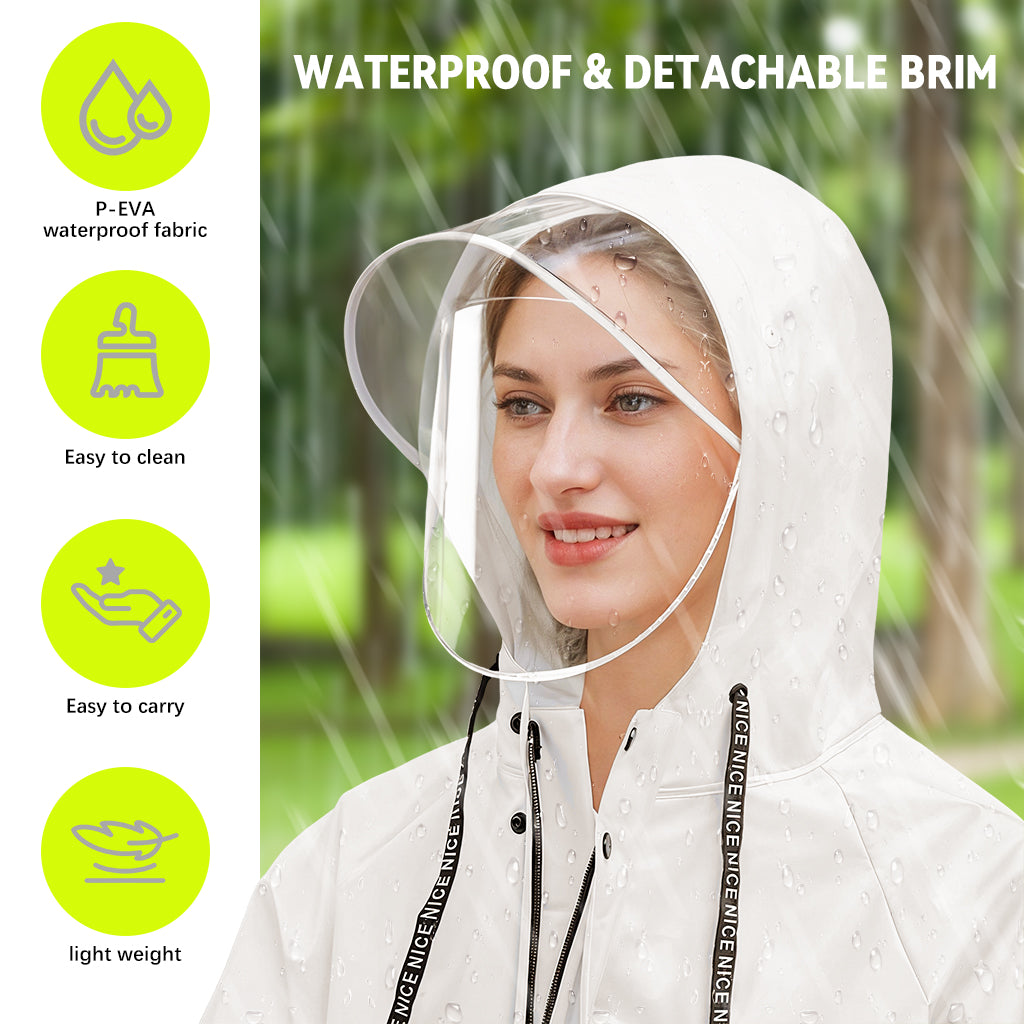 PALAY® Women Rainwear, Women Long Waterproof Raincoat, EVA Hooded Rain Coat for Women with Wide Brim Hood Detachable Clear Face Cover, Zip & Buttons Riding Outdoor Windproof Raincoats (Length 129CM)