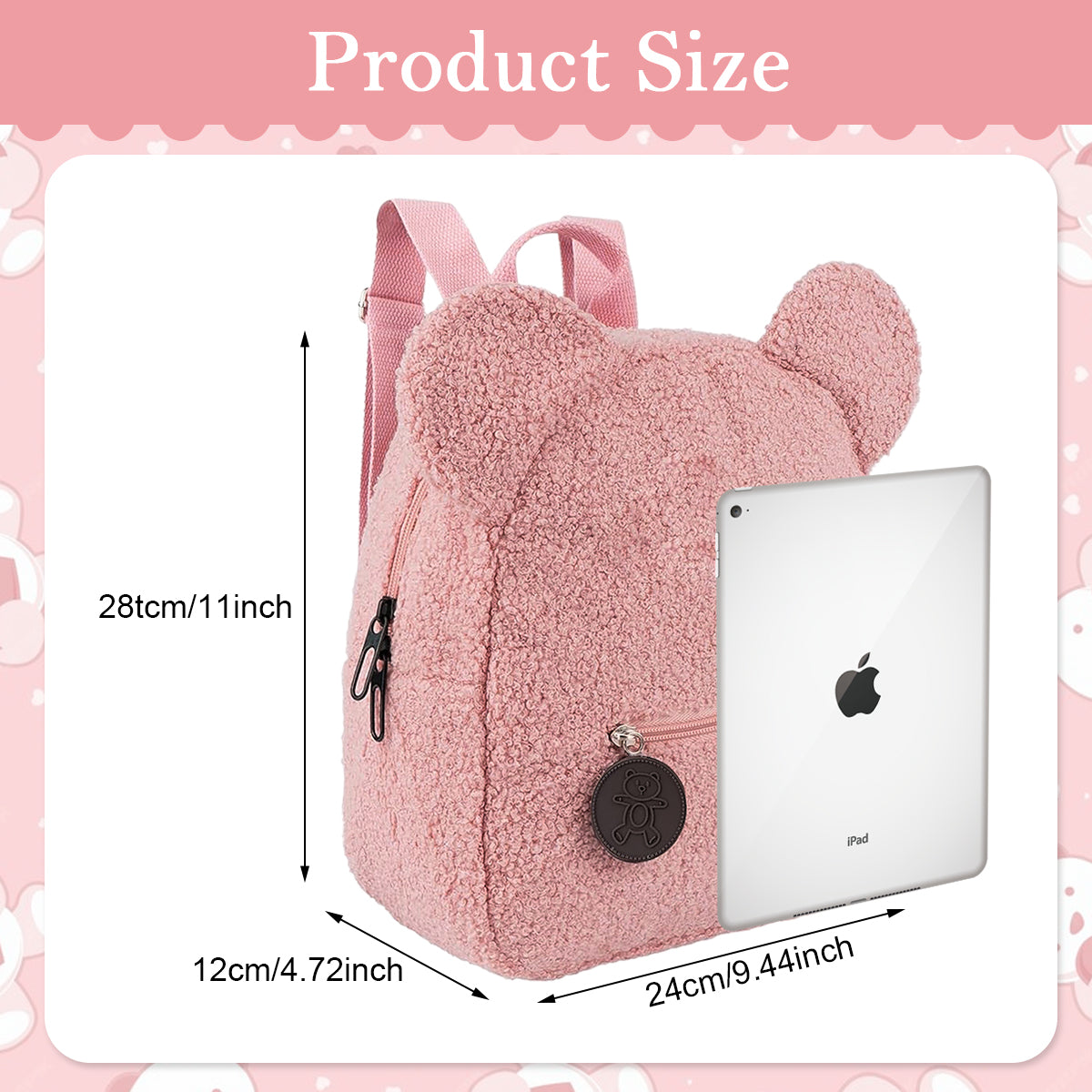 PALAY® Girls Backpack Cute Pink Bear Plush Backpack Kawaii Casual Bag for Girls Travel Backpack Day Pack Birthday Christmas Gift for Girls, 28x27x13cm