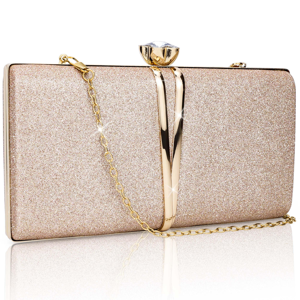 PALAY® Clutch Women's Evening Bag Small Shoulder Bag with Removable Chain Crossbody Bags Glitter Evening Champagne Handbag