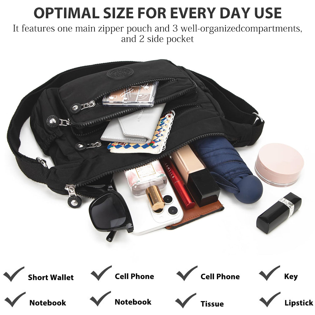 PALAY® Women Crossbody Bag Waterproof Nylon Multi-Layer Crossbody Bag Casual Satchel Bag Shoulder Bag Messenger Bag Travel Crossbody Bag, Black