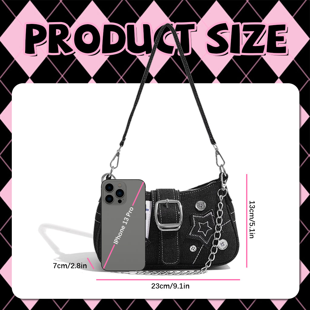 PALAY® Chic Shoulder Bag for Girls Canvas Handbag with Chain Charm Small Hobo Bag Stylishly Sweet Y2K Star Patchwork Letter Printed Handbag Casual Small Shoulder Zipper Bag, 23x7x13cm