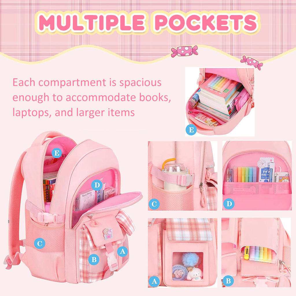 PALAY® School Backpack for Girls Pink Plaid Schoolgirls Backpack Book Bag Multi Compartment Waterpoof School Backpack Lightweight Travel Backpack School Gift Birthday Gift for Girls, 46x30x17cm