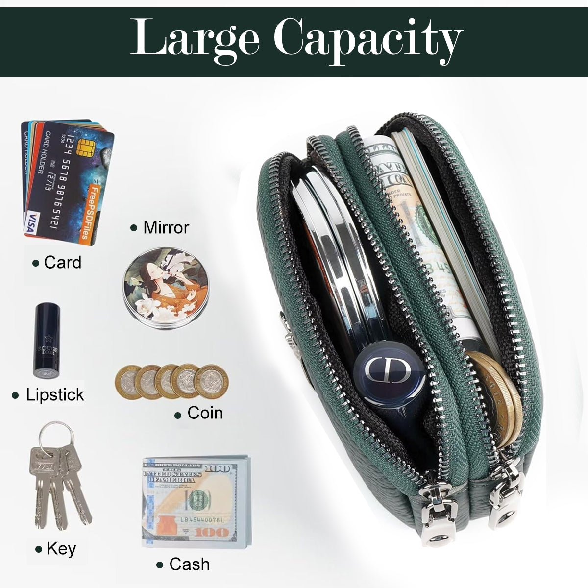 PALAY® Women Coin Bag Utility Double Layer PU Small Bag Zipper Pouch Coin Bag Card Bag Purse Bag Cash Bag Birthday Gift Christmas Gift for Women, 11.5x4x7.5cm