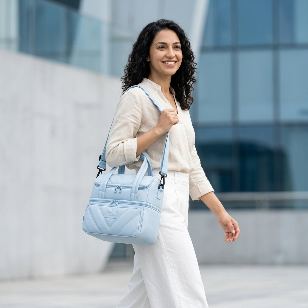 PALAY Insulated Lunch Bag for Office Blue Quilted Tiffin Bag