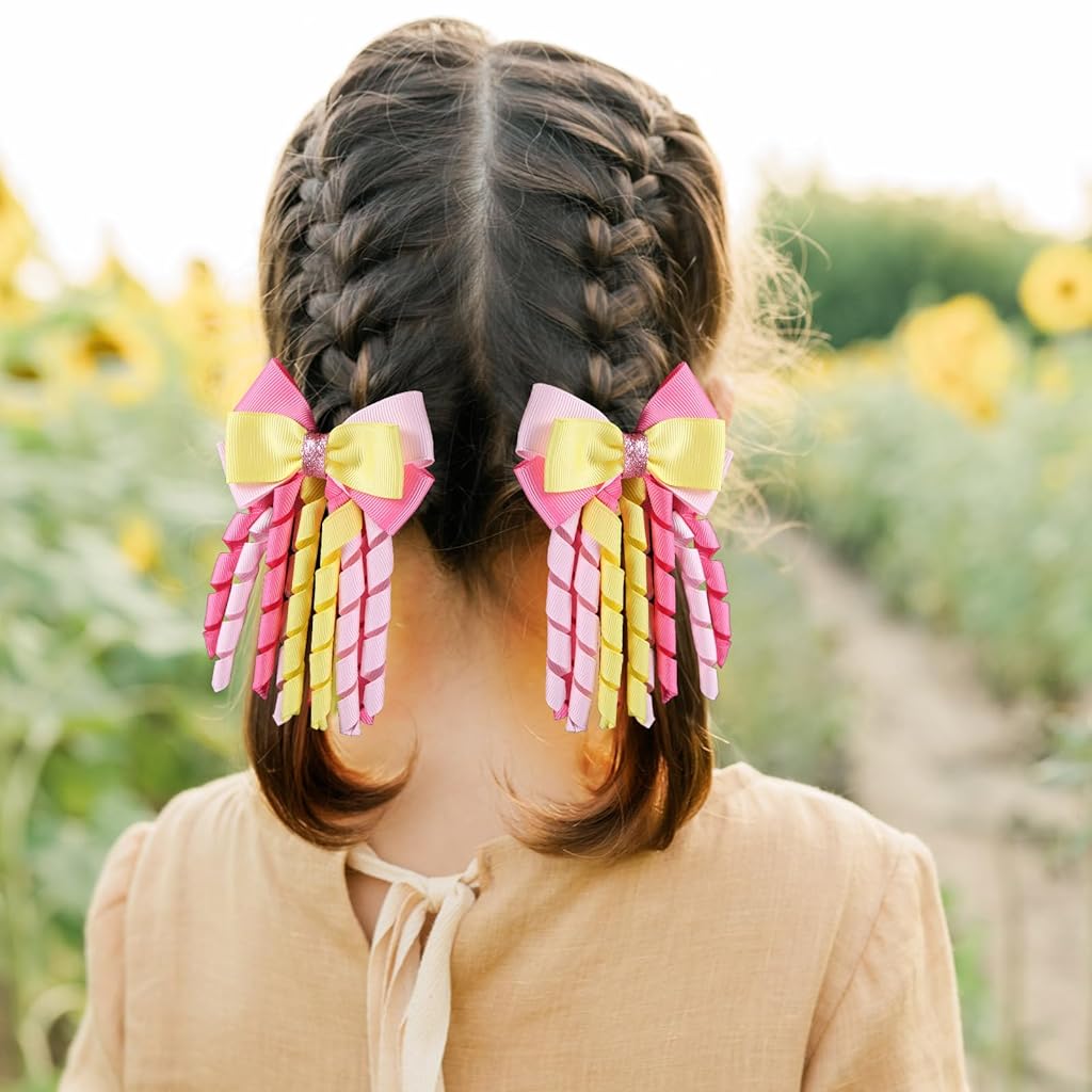 PALAY® 2Pcs Ribbon Bow Hair Accessories for Girls, Princess Cute Hair Clips for Girls Curly Ribbon Hair Bow Clip stylish Headpieces Hair Pins for Girls Gift, Pink