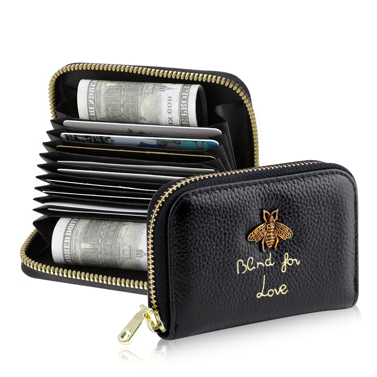 PALAY® Women Cards Bag RFID Credit Card Zipper Pouch with 12 Card Slots & 2 Utility Compartment Fashion Little Bee Charm PU Leather Zipper Pouch Card Bag Coin Bag Gift for Women, Black, 10.5x8cm