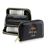 PALAY® Women Cards Bag RFID Credit Card Zipper Pouch with 12 Card Slots & 2 Utility Compartment Fashion Little Bee Charm PU Leather Zipper Pouch Card Bag Coin Bag Gift for Women, Black, 10.5x8cm