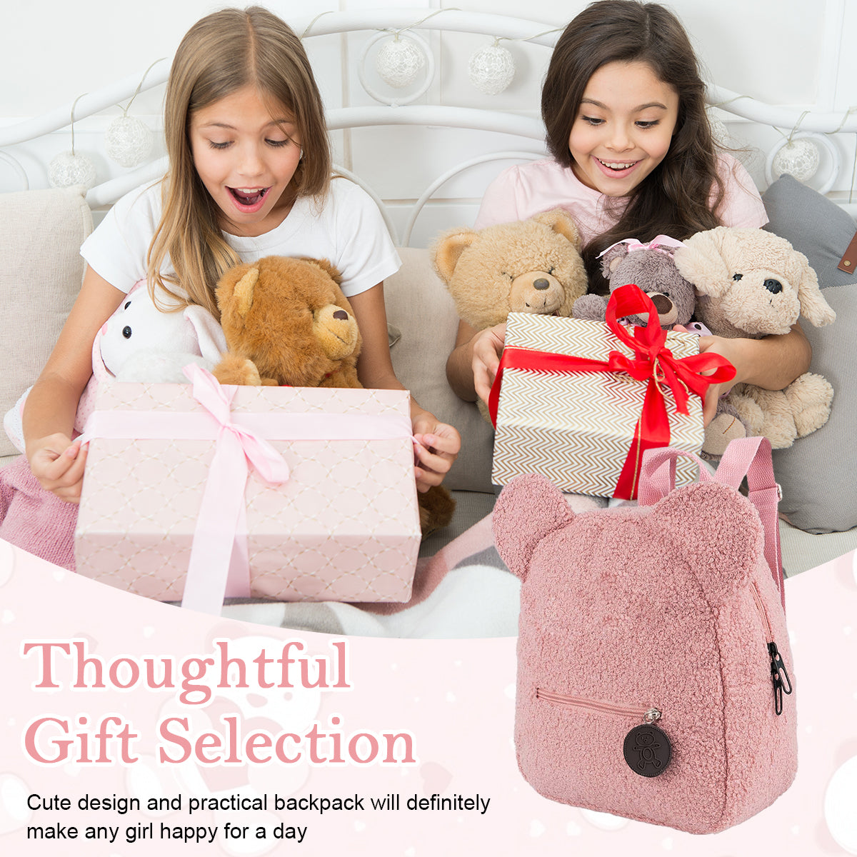 PALAY® Girls Backpack Cute Pink Bear Plush Backpack Kawaii Casual Bag for Girls Travel Backpack Day Pack Birthday Christmas Gift for Girls, 28x27x13cm