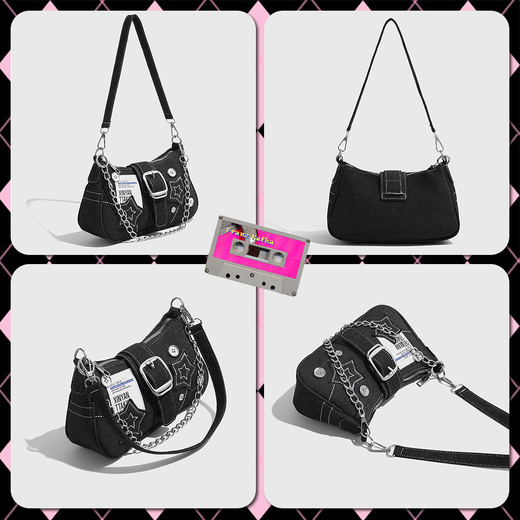 PALAY® Chic Shoulder Bag for Girls Canvas Handbag with Chain Charm Small Hobo Bag Stylishly Sweet Y2K Star Patchwork Letter Printed Handbag Casual Small Shoulder Zipper Bag, 23x7x13cm