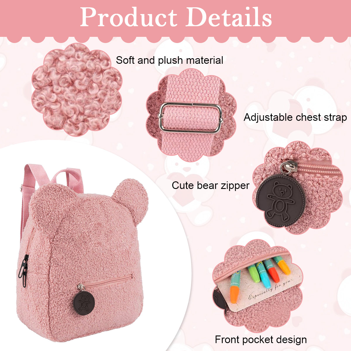 PALAY® Girls Backpack Cute Pink Bear Plush Backpack Kawaii Casual Bag for Girls Travel Backpack Day Pack Birthday Christmas Gift for Girls, 28x27x13cm