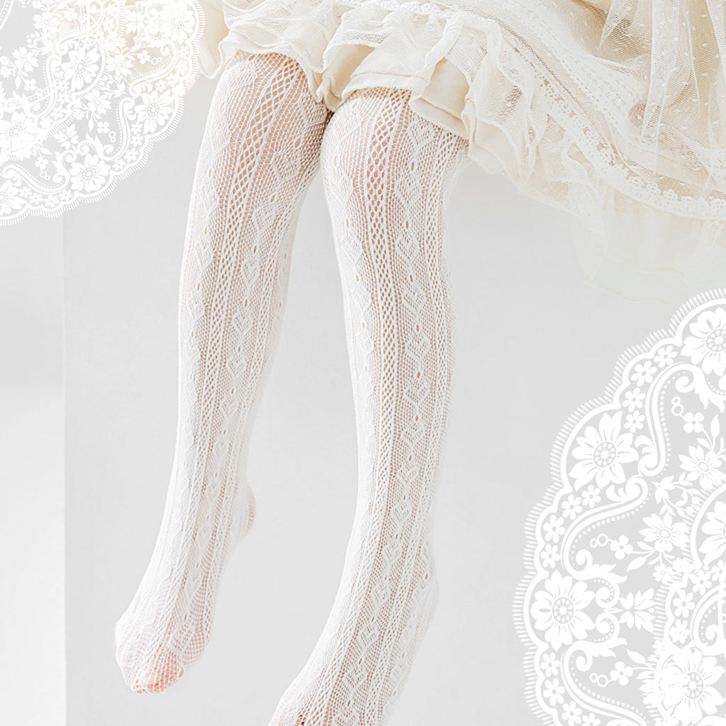 PALAY® 2Pcs Lace Pantyhose for Kids Girls White Patterned Lace Socks Lace Stockings Stretchy Lace Leggings for Girls Lace Tights for Girls White Lace Stockings for Girls Kids 5-8 Years Old