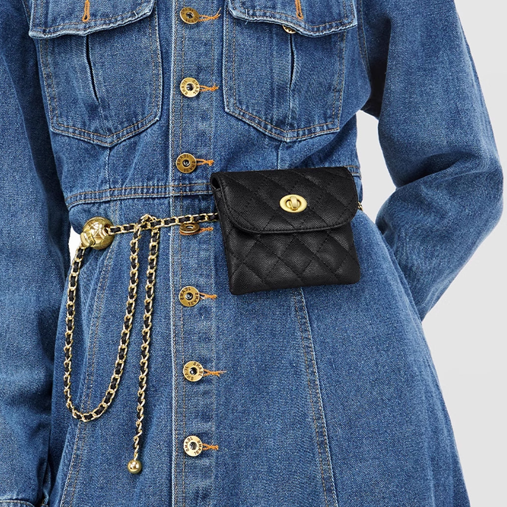 PALAY® Mini Fanny Bag Chic PU Small Purse Bag Casual Waist Coin Bag Dechable Adjustable Chain Belt Design Fashion Piece Waist Purse Bag Gift for Women, 11x9cm