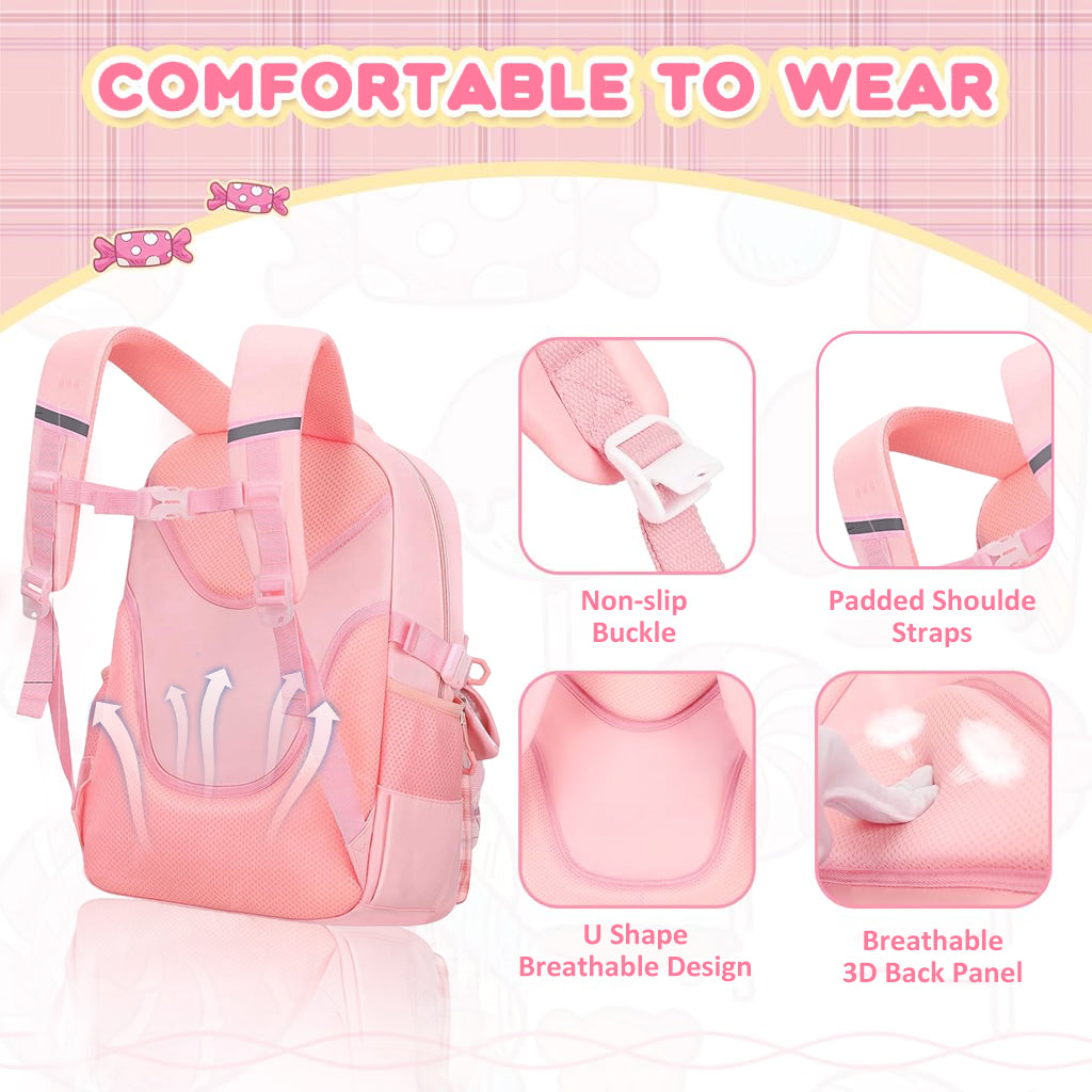 PALAY® School Backpack for Girls Pink Plaid Schoolgirls Backpack Book Bag Multi Compartment Waterpoof School Backpack Lightweight Travel Backpack School Gift Birthday Gift for Girls, 46x30x17cm