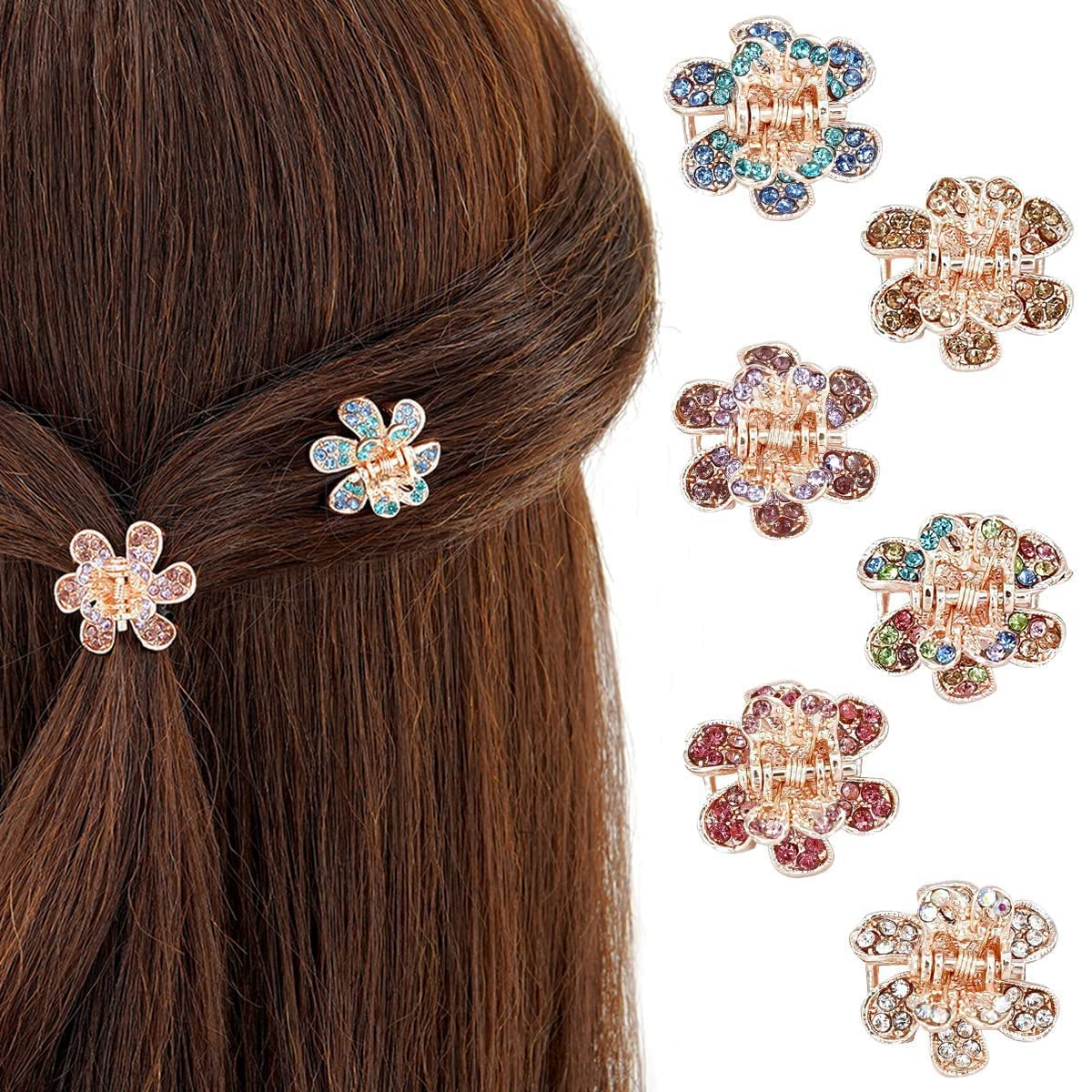 GUSTAVE® 6Pcs Rhinestone Flower Mini Hair Claw Clip & Hair Dressing Accessories for Teen ager Girls, Women
