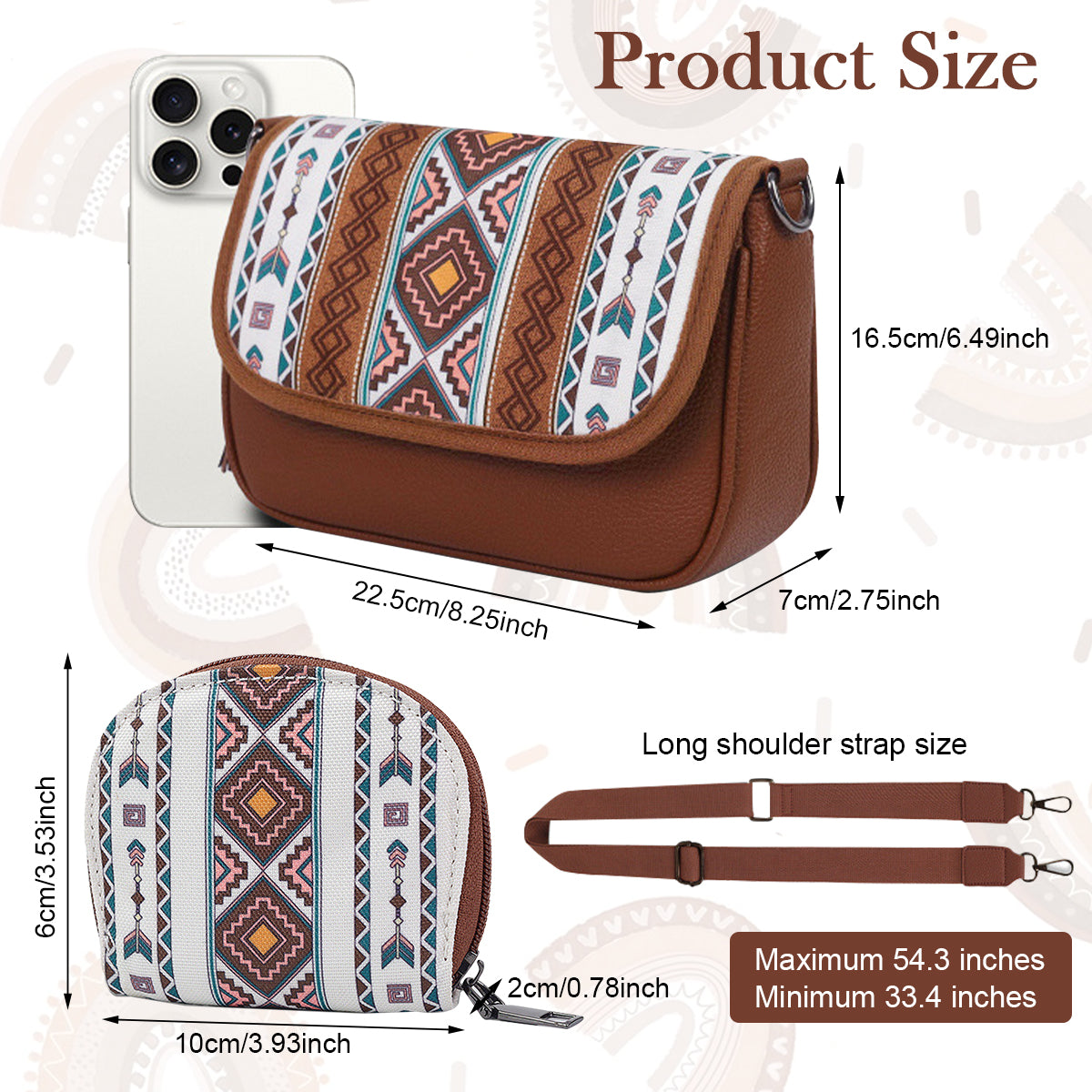 PALAY® Women Shoulder Bag with Small Coin Bag Fashion Boho Print Patchwork Vintage PU Casual Shoulder Bag Crossbody Bag Sling Bag Birthday Gift Valentine's Day Gift for Women, 8.8x2.7x5.9inches
