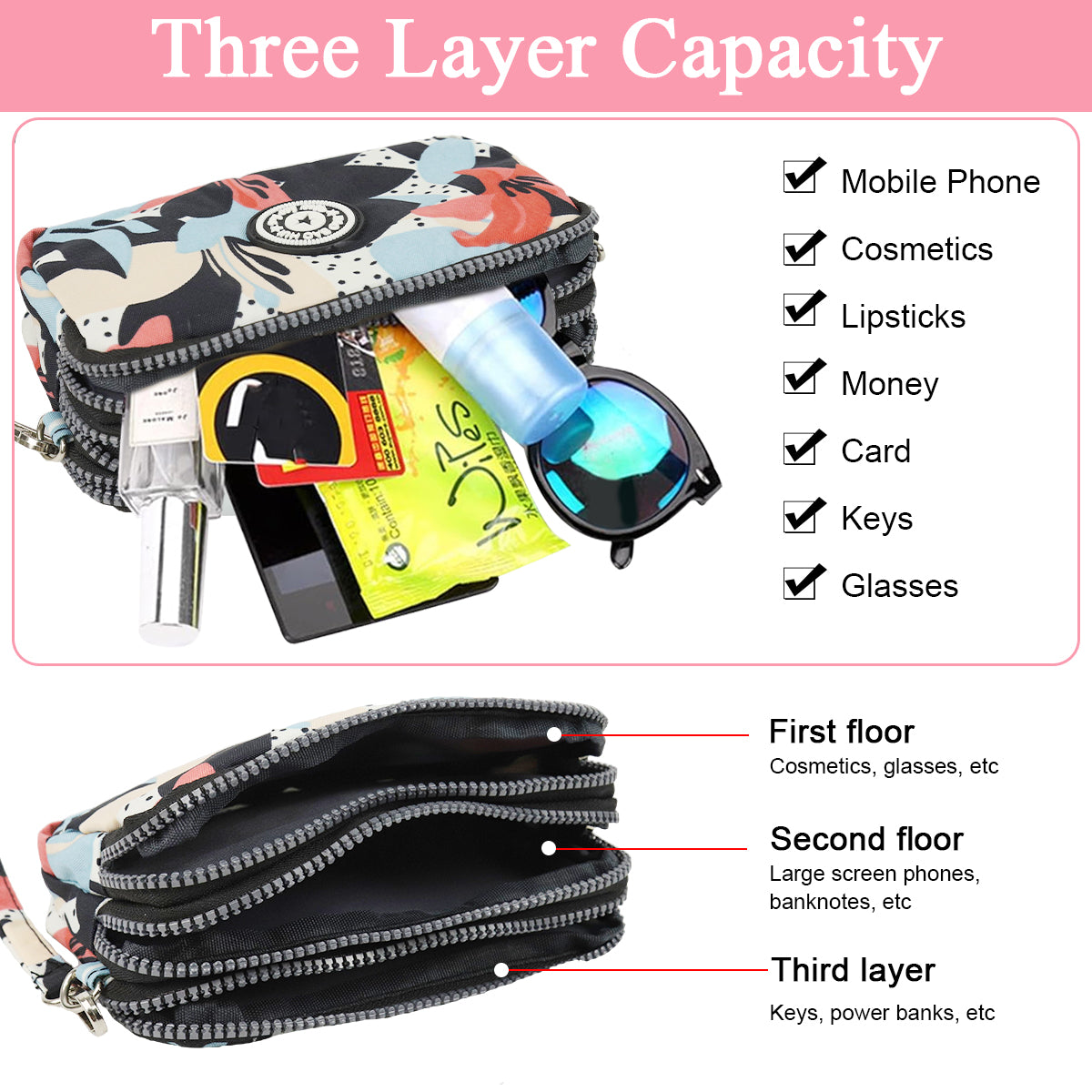 PALAY® Women Clutch Purse Small Crossbody Bag Triple Layer Utility Zipper Pouch Travel Purse Pouch Clutch Bag with Detachable Shoulder Strap Fashion Oxford Cloth Shoulder Phone Bag, 18x6x12cm