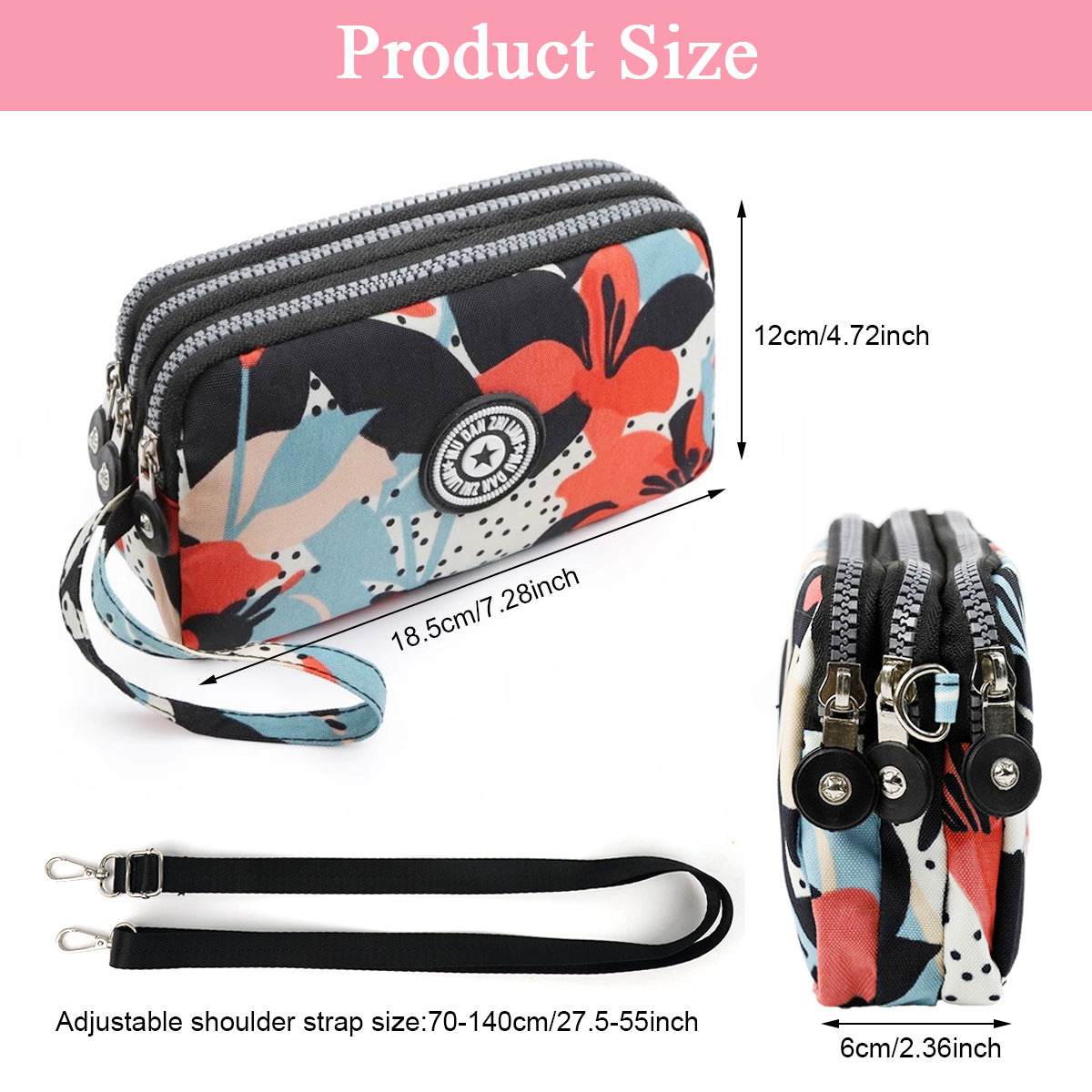 PALAY® Women Clutch Purse Small Crossbody Bag Triple Layer Utility Zipper Pouch Travel Purse Pouch Clutch Bag with Detachable Shoulder Strap Fashion Oxford Cloth Shoulder Phone Bag, 18x6x12cm