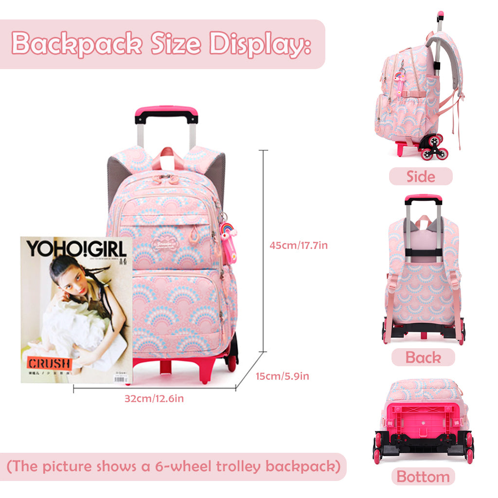 PALAY® School Backpack on 6-Wheel Backpack with Retractable Pull Handle Schoolgirls Backpack Detachable Wheel Stand Design Fashion Travel Backpack School Gift for Girls 6-12 Years Old