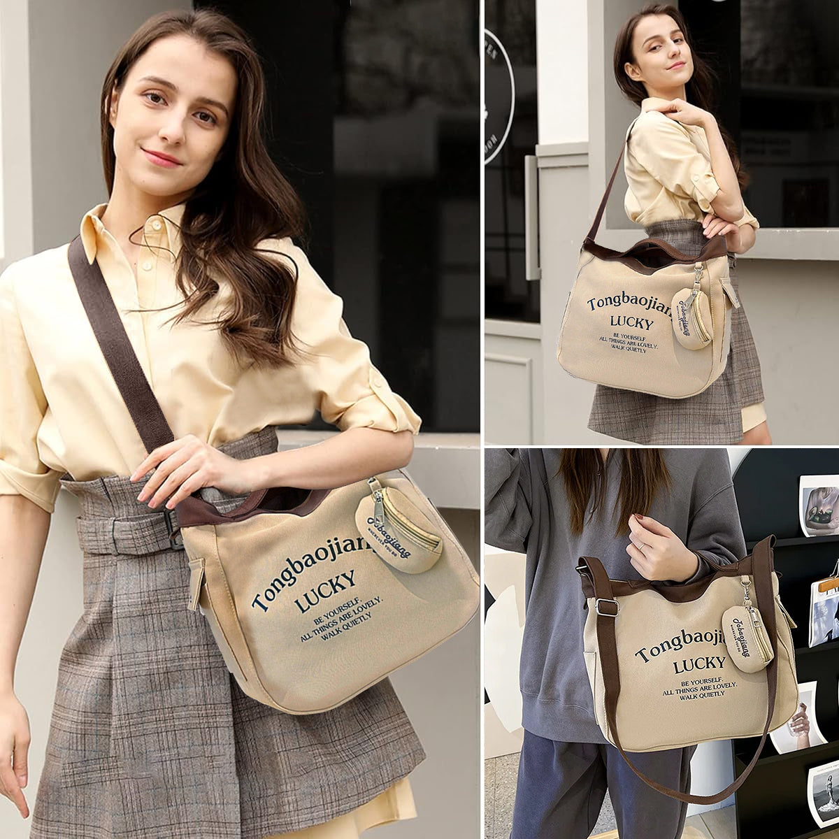 PALAY® Canvas Bag for Women Khaki Canvas Tote Bag with Coin Bag Chic Cute Letter Print Zipping Shoulder Bag Crossbody Bag Casual Hand Bag Multi Use School Book Bag Travel Carry All Bag, 30x17x30cm