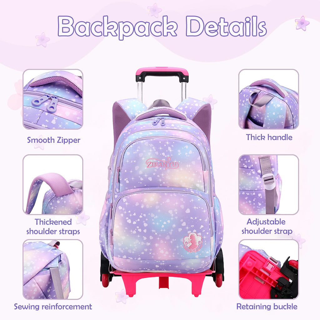 PALAY® School Backpack on 6-Wheel Backpack with Retractable Pull Handle School Backpack Detachable Wheel Stand Design Fashion Travel Backpack School Gift for Kids 6-12 Years Old