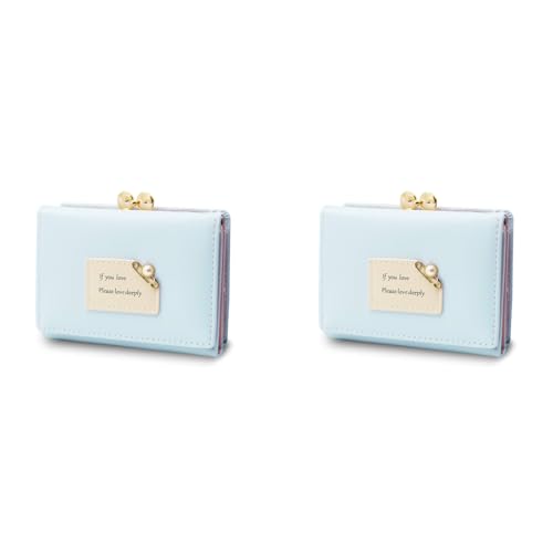 PALAY® Mini Wallet for Women PU Leather Small Card Holder Ladies Purse Hand Clutch Holder with Heart-Shaped Metal Buckle Mothers Day Gift for Mom(Blue) 2 PCS