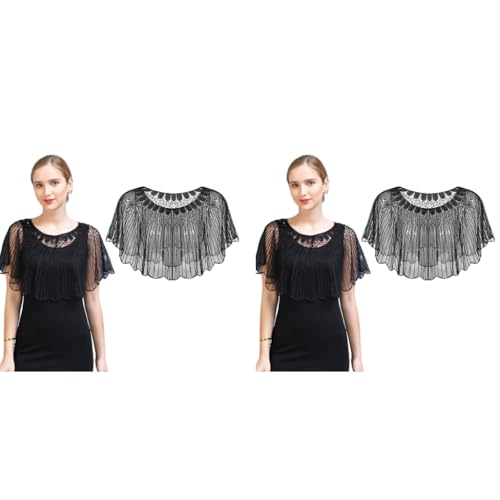 PALAY® Lace Shrugs Shawl for Women Stylish Sheer Cape Cover Up Wraps Black Sequin for Wedding Dress Off Shoulder Strapless Dresses 2PCS
