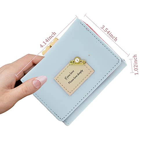 PALAY® Mini Wallet for Women PU Leather Small Card Holder Ladies Purse Hand Clutch Holder with Heart-Shaped Metal Buckle Mothers Day Gift for Mom(Blue)