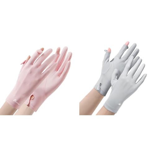 PALAY® Spandex Ice Silk UV Sun Protection Gloves for Women, Non-Slip, Breathable Touch Screen Gloves Combo for Cycling, Bike Riding, Fishing, Summer Outdoor Cooling – Pink & Grey