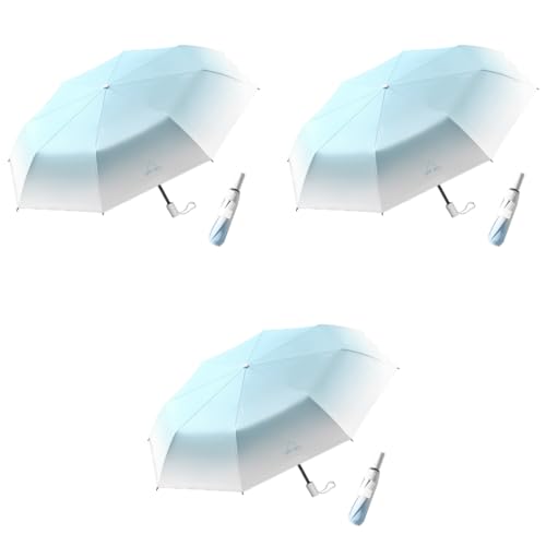 PALAY® Automatic Folding UV Umbrella for Women Kids 8 Fiber Ribs Gradient Modern Style Travel Rain Sun Proof UPF 50 One Button Open Close Ultra Lightweight Azure Blue 3PCS