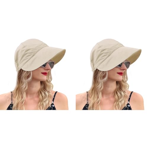 PALAY® Sun Hat for Women, Fashion Wide Brim Caps for Women, Summer Bucket Hats, Lightweight Quick Dry Cap Hats for Women Beach, Cycling, Travel (Beige, Drawstring Closure) 2 PCS
