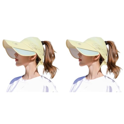 PALAY® Women Cotton Sun Hats Wide Brim Visor UV Protection Golf Cap with Retractable Side Fashion Breathable for Beach Fishing Tennis Running Beige Free Size 2PCS