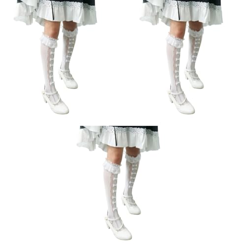 PALAY® Lace Topped Calf-Length Socks for Girls Lolita Fashion Kawaii Bow Summer Breathable Trim Stockings for Jane Shoes Dress Uniform 3 PCS