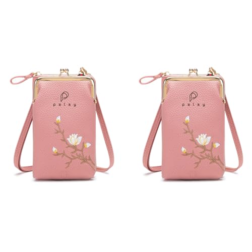 PALAY® Women's Small Cross-Body Phone Bag Stylish PU Leather Mobile Cell Phone Holder Pocket Purse Wallet Sling Bag Mini Shoulder Bags (Pink) 2 PCS