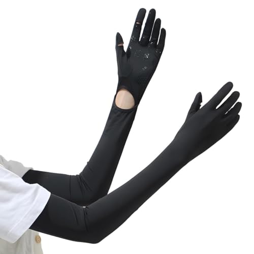 PALAY® UV Protection Arm Sleeves Nylon Ice Silk Arm Sleeves with One Piece Gloves, Open Finger Tip & Anti-slip Palm Design Outdoor Cool Arm Sleeve for Driving, Cycling, Gardening - Black