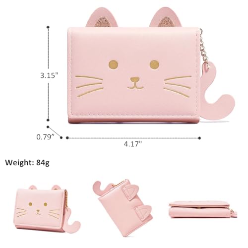 PALAY® Small Wallet for Women Fashion Girls Cute 3D Cat Face Glitter Ears Wallet with Tail Tri-Folded Wallet ID Card Case with Zipper Pocket