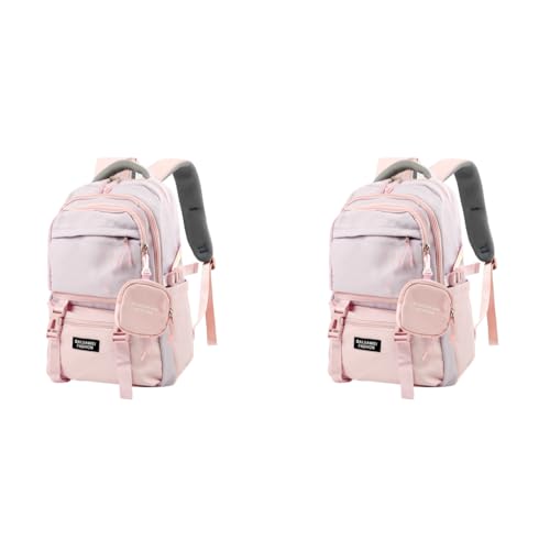 PALAY® Girls Backpack School with Small Zipper Pouch Fashion Pink Nylon Padded Shoulder Straps Handle Design Multi Compartment Large for Camping Travel 2 PCS