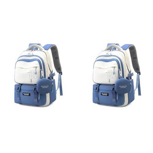 PALAY® Girls Backpack School with Small Zipper Pouch Fashion Blue Nylon Padded Shoulder Straps Handle Design Multi Compartment Large Camping Travel 2 PCS