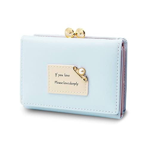 PALAY® Mini Wallet for Women PU Leather Small Card Holder Ladies Purse Hand Clutch Holder with Heart-Shaped Metal Buckle Mothers Day Gift for Mom(Blue)