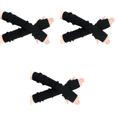 PALAY® Arm Warmers for Women Long Fingerless Gloves Winter Knitted Y2K Arm Sleeves for Teen Girls Fashion Half Finger Hand Wrist Warmer Daily Party Hip Hop Black 3PCS