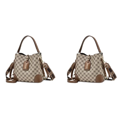 PALAY® PU Bucket Bag for Women Fashion Check Pattern Crossbody with Detachable Shoulder Belt Daily Versatile 2 PCS